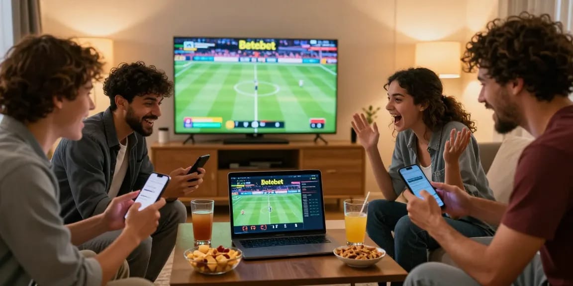Friends enjoy online betting on Betebet with excitement and snacks in cozy living room.