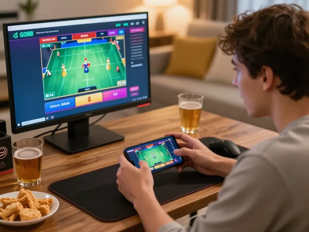 Engaged player strategizing on the GO88 app in a cozy home environment.