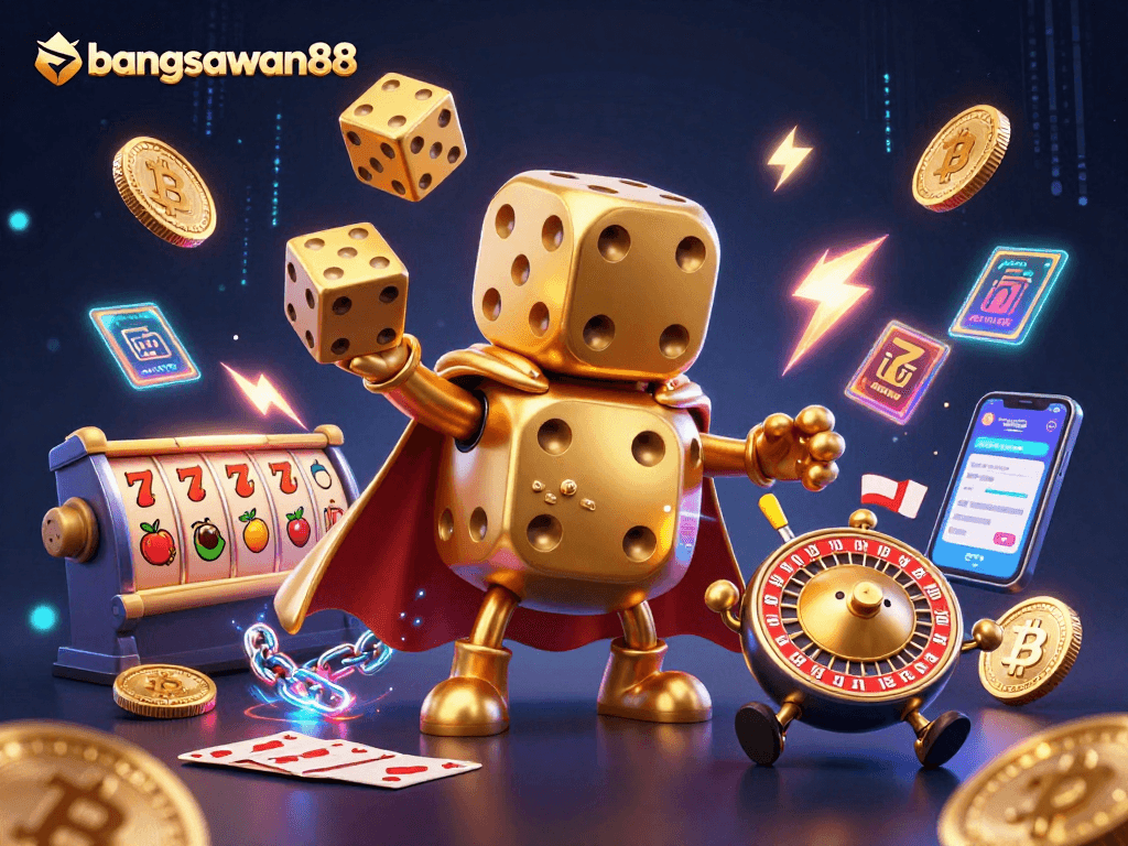 Experience the excitement of bangsawan88 with a vibrant 3D casino scene showcasing dynamic gaming elements.