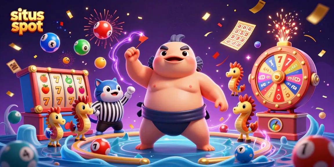 Menang besar di situs slot dengan putaran slot, simbol keberuntungan, dan suasana meriah.