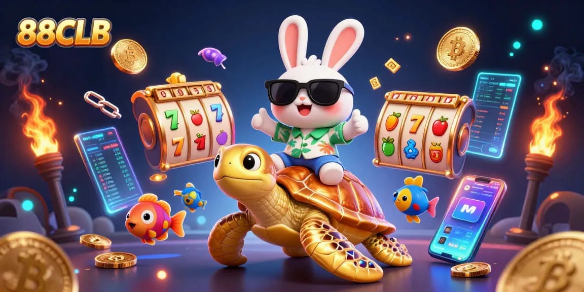 Experience the winnings at 88CLB with a lively illustration of a lucky rabbit and a golden sea turtle.