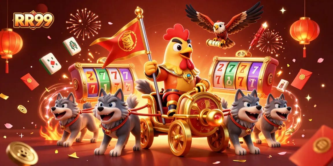 Experience the thrill of RR99 with a dynamic casino scene featuring rich game elements and celebrating characters.