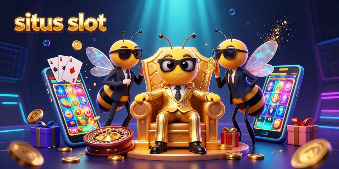 Bermain situs slot dengan bumblebee berpakaian rapi dan elemen kasino berwarna-warni