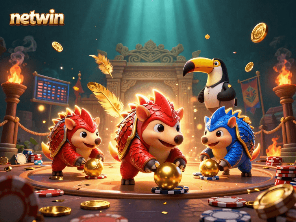 Watch the netwin pangolins in battle as they roll golden balls through poker chips.
