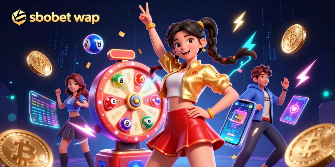 Engage in thrilling sbobet wap betting opportunities with vibrant gaming elements and a cheerful character.