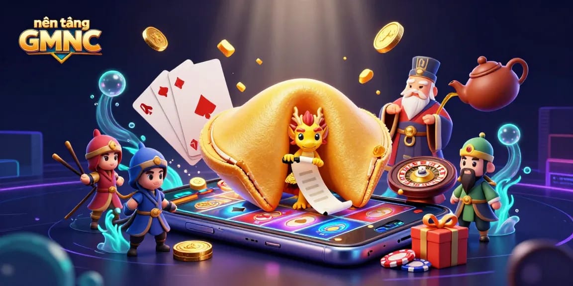 Engage with the nền tảng GMNC showcasing vibrant 3D casino elements and playful characters.