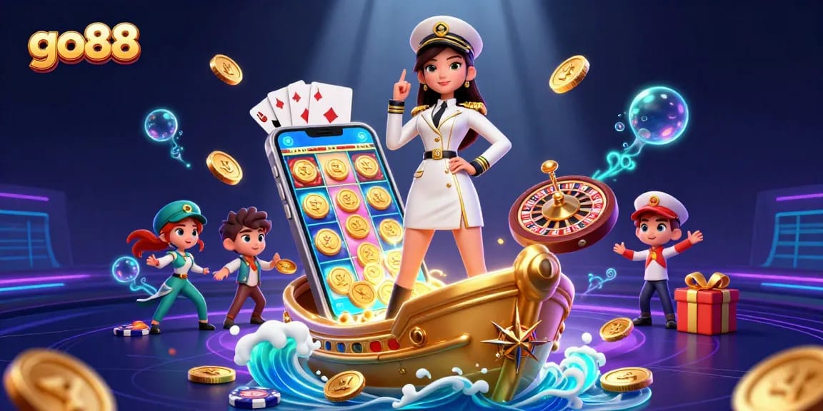 Play go88 slots with vibrant reels and golden coin bursts in an engaging online casino scene.