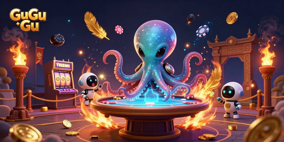 Engage in vibrant gameplay with Gu Gu Gu, as an alien octopus interacts with a holographic poker table in a cosmic casino.