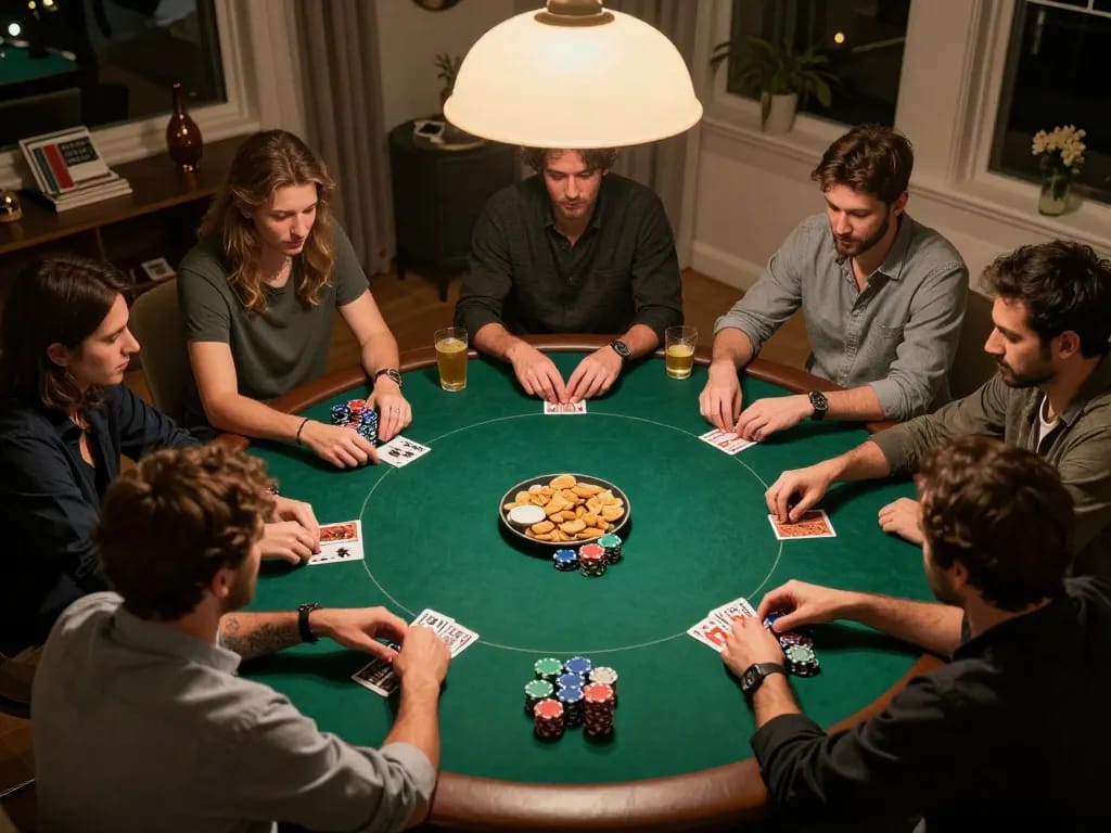 Friends enjoying a poker night around a green felt table, strategizing their game on Poker88 platform