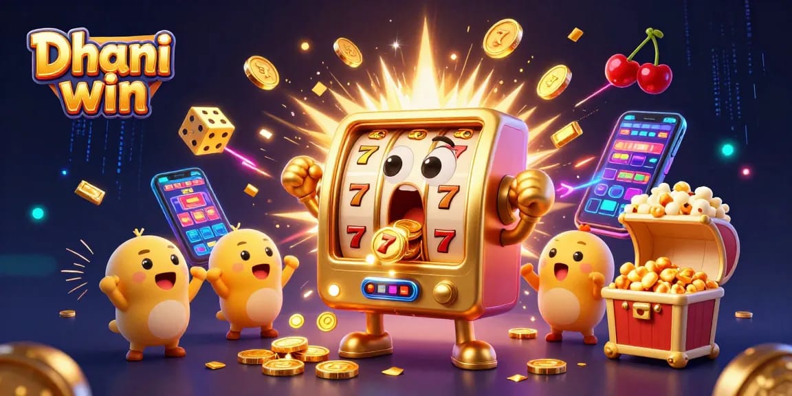 Dhani win showcases a vibrant slot game scene with golden machines celebrating a jackpot win.