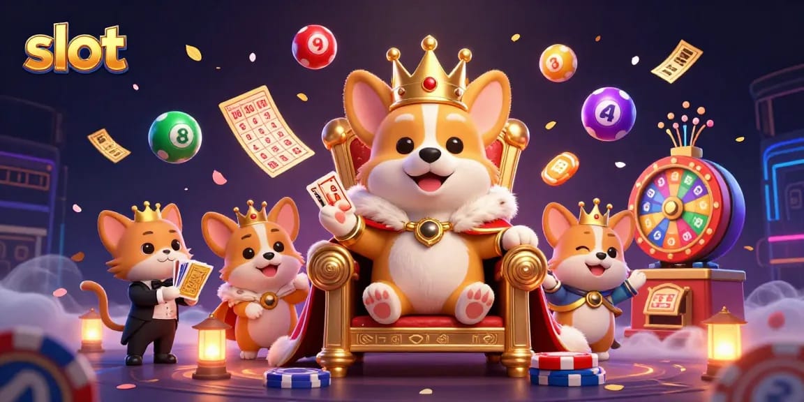 Mengungkap slot gacor malam ini dalam ilustrasi kasino menarik dengan karakter corgi dan elemen permainan.