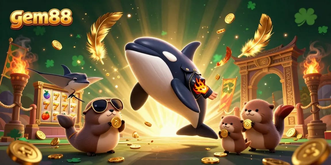 Join the excitement at gem88 with a thrilling 3D casino scene featuring animated characters and vibrant symbols.