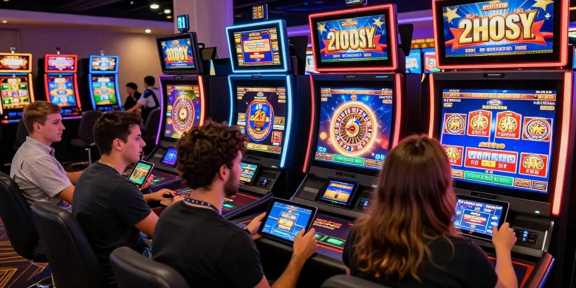 Engaged players enjoying online casinos Australia features, vibrant gaming scene with digital slots and live dealers.