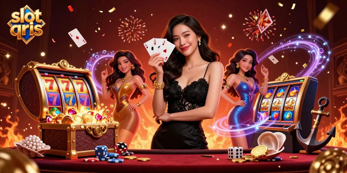 Experience thrilling gameplay with slot qris, as elegant characters celebrate wins in a vibrant 3D casino.