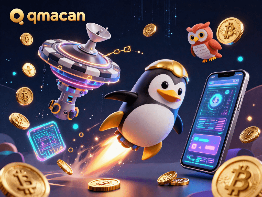 Experience qqmacan's thrilling space casino adventure with a golden penguin soaring among crypto elements.