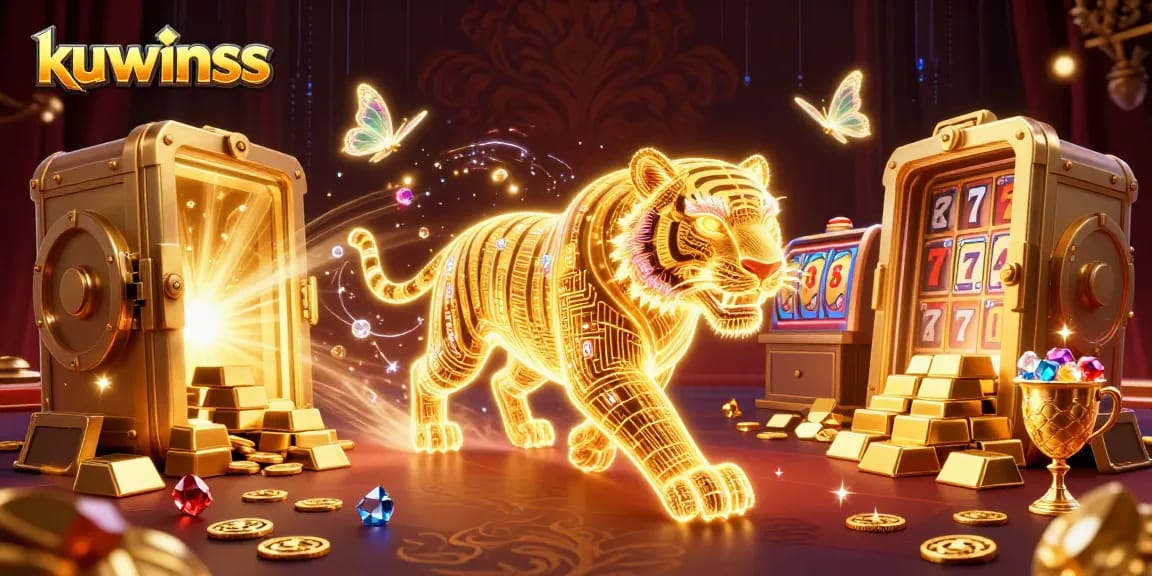 Kuwinss features a neon-wireframe tiger in a vibrant digital casino, surrounded by treasures and game symbols.