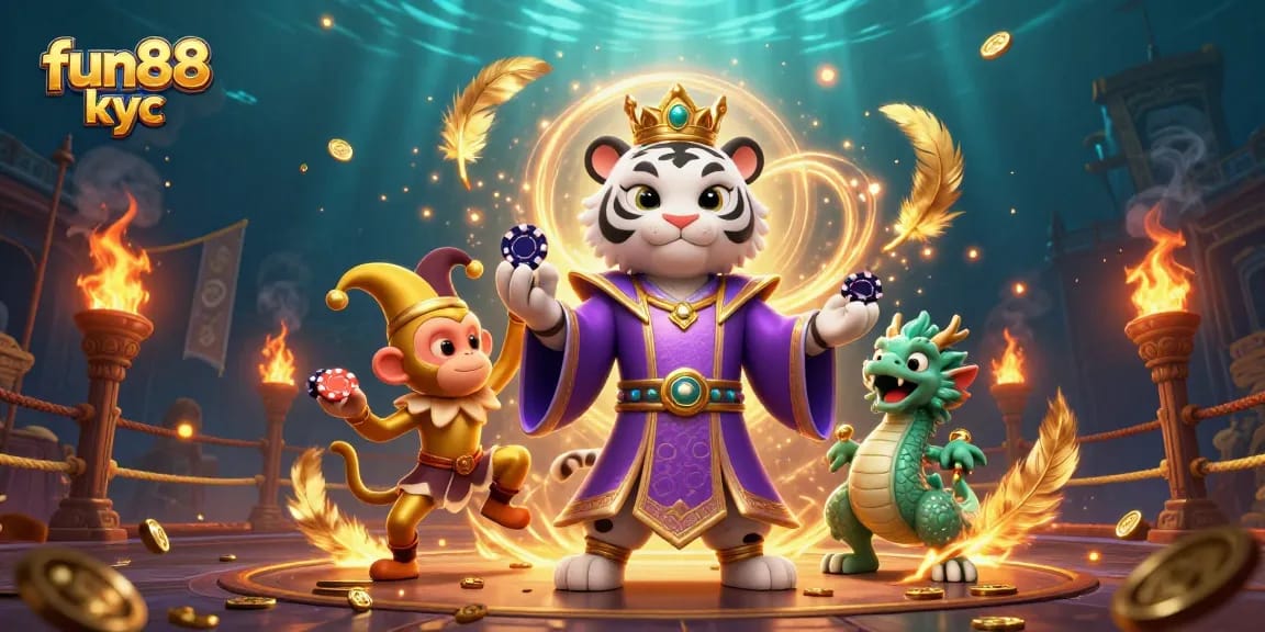 Hòa mình vào thế giới FUN88 KYC với vương giả, một chú hổ trắng và rồng ngọc đầy màu sắc.