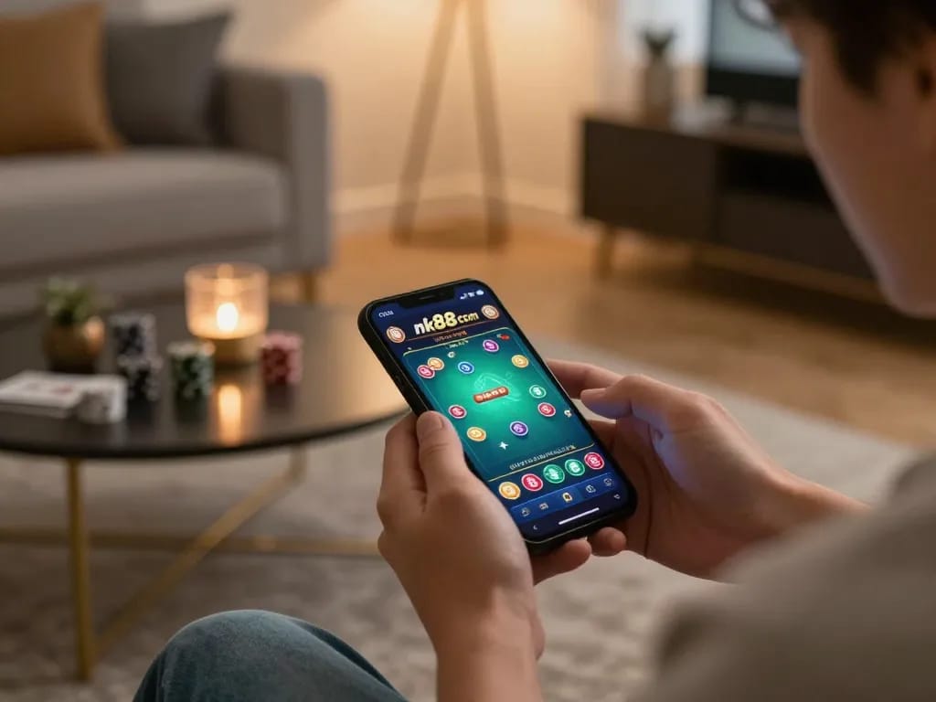Enjoying mobile gambling experience at nk88 com with engaging poker interface in a cozy home setting.
