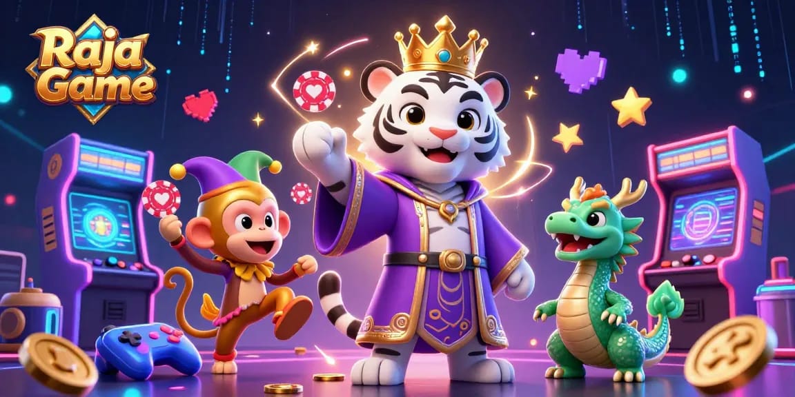 Engage in the thrilling world of Raja Game, where vibrant 3D characters interact with casino elements in a dynamic illustration.