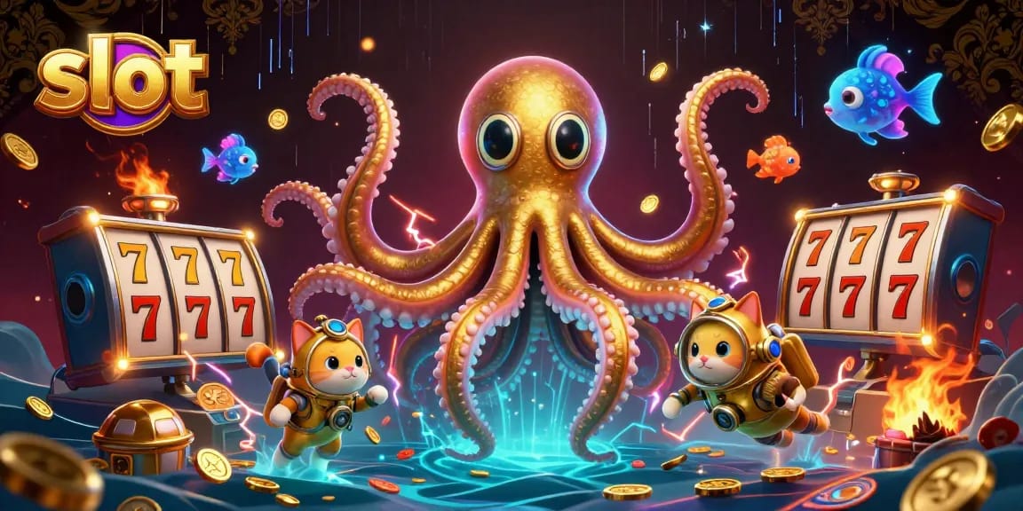 Spin the slot reels with golden tentacles and glowing fish in an adventurous casino scene.