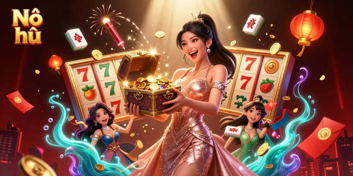 Nổ hũ gaming excitement illustrated with a joyful Asian woman presenting a treasure trove of riches and vibrant casino elements.