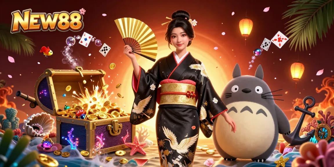 Experience thrilling gaming action at NEW88 with vibrant scenes of online gambling activities.