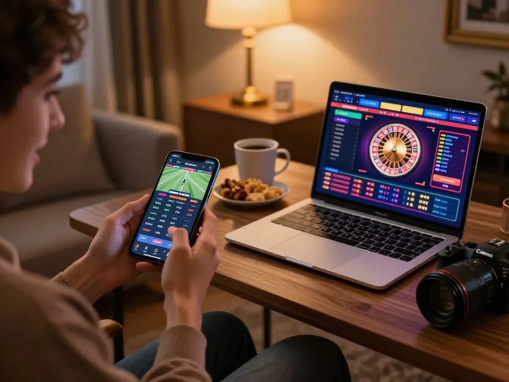 Engaged user exploring sports betting on Fun88 com app while enjoying online casino games.