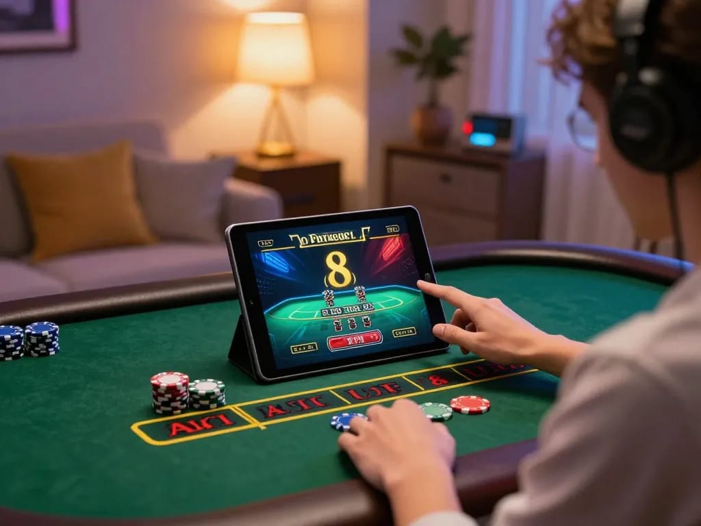 Người chơi tham gia vào trò chơi baccarat trực tiếp trên ứng dụng lucks8, thể hiện việc đặt cược chiến lược và bầu không khí trực tuyến sống động