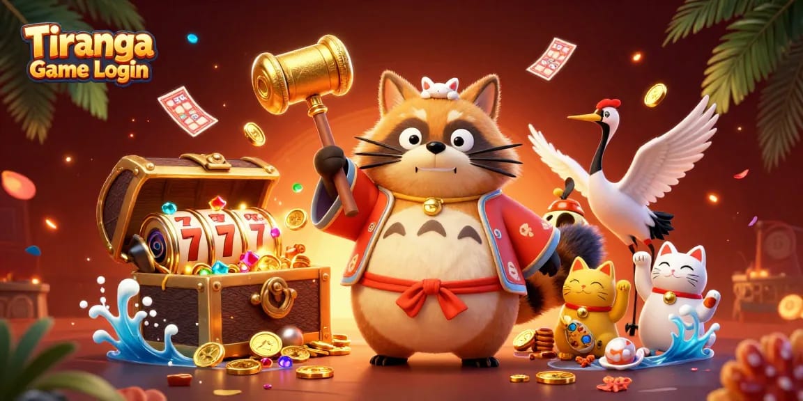 Tiranga Game Login scene featuring a cheerful tanuki and colorful fortune cats surrounded by vibrant casino elements.