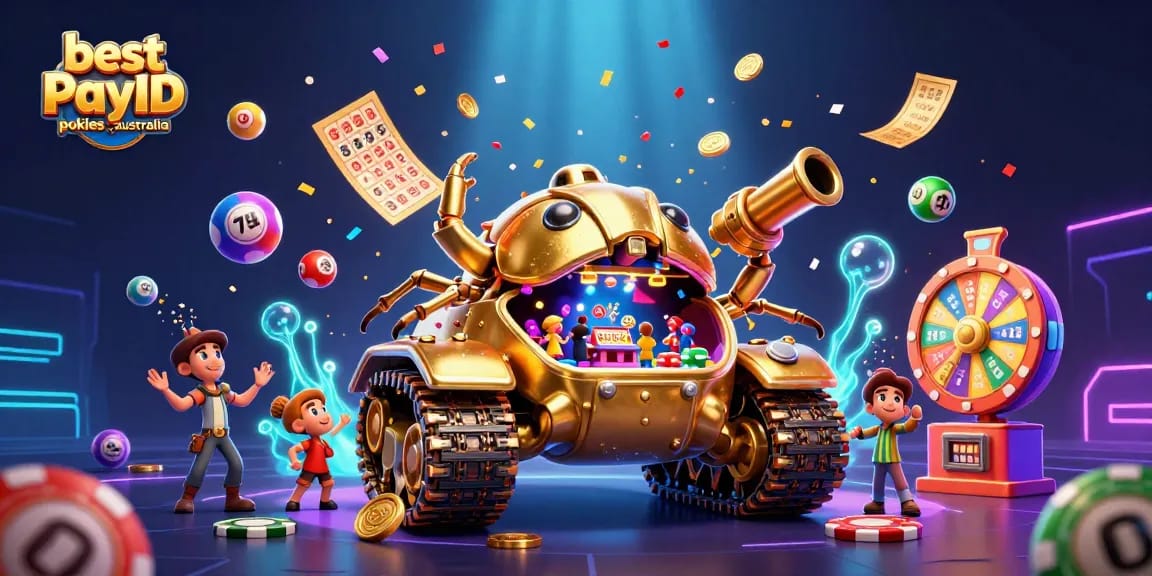 Experience the best PayID pokies Australia with colorful lottery elements, golden tanks, and vibrant casino action.