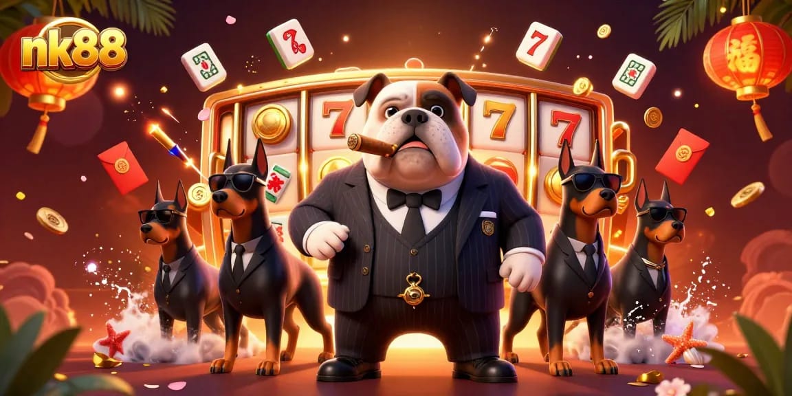Experience thrilling gaming with nk88, featuring a mafia bulldog leader amidst slot reels and vibrant casino elements!