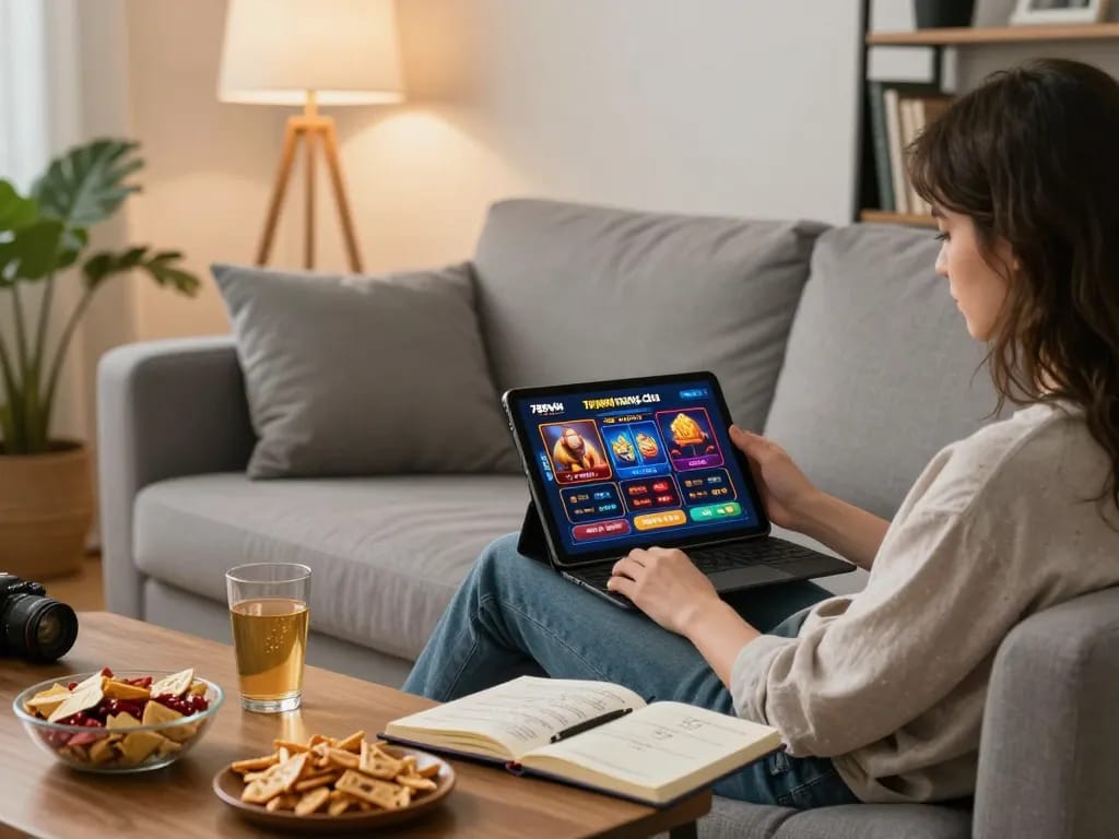 Engaged gamer using the 789win trang chu app on tablet, demonstrating online casino excitement in a cozy living room.