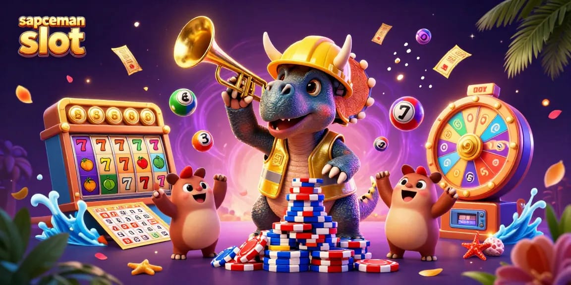 Sapceman slot illustration portraying a triceratops stacking poker chips amidst vibrant casino elements.
