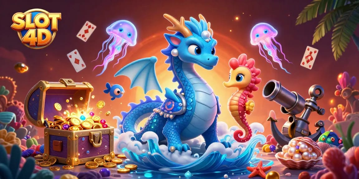 Engage with SLOT 4D as underwater treasures and slot reels explode in a vibrant, immersive scene.