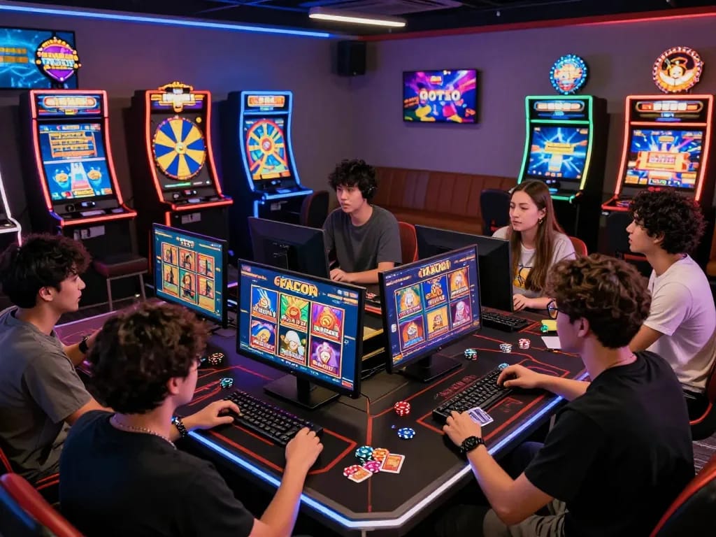 Pemain menikmati permainan slot gacor hari ini di lounge permainan yang meriah, dikelilingi oleh layar modern dan suasana yang penuh semangat.