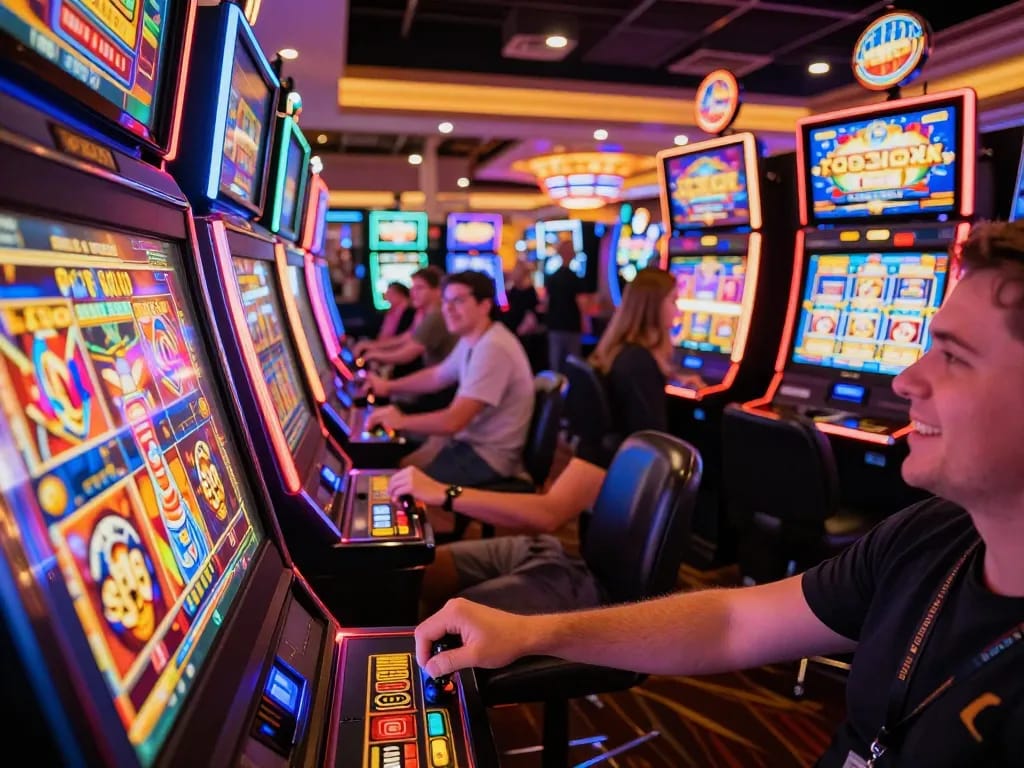 Permainan menarik di area mesin slot yang meriah menampilkan kegembiraan Slot Demo PG Soft Lengkap dengan para pemain