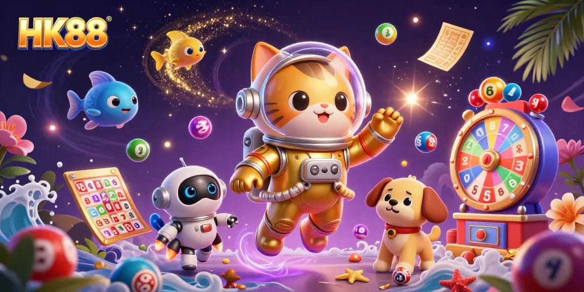 HK88 offers thrilling gaming experiences with colorful lottery elements and a uniquely animated space scene.