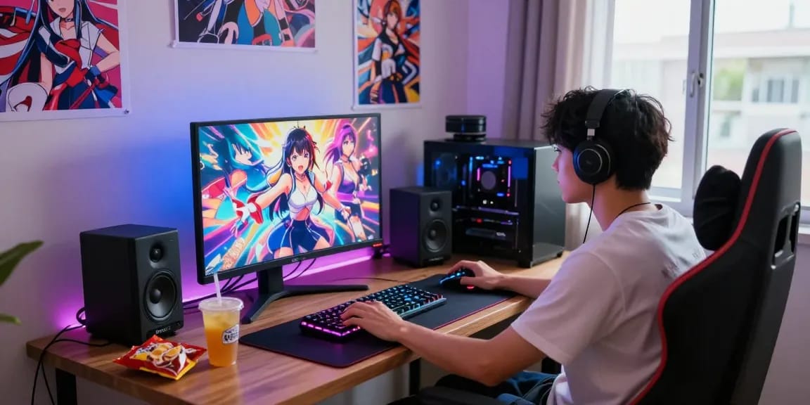 Gamer enjoying ecchi games on high-end PC setup with snacks.