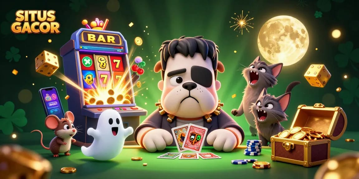 SITUS GACOR unleashes excitement with a 3D scene featuring a Frankenstein bulldog monster and a jackpot explosion of coins.