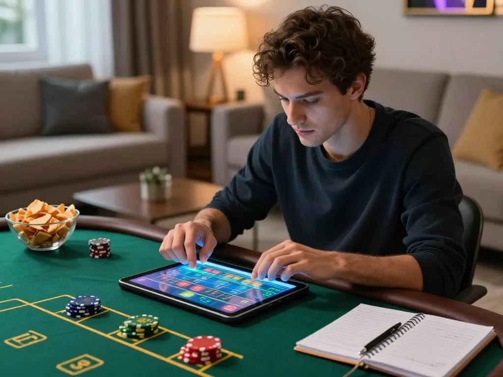 Player immersed in a live dealer game showing tr88 interface on tablet, highlighting strategic gameplay.