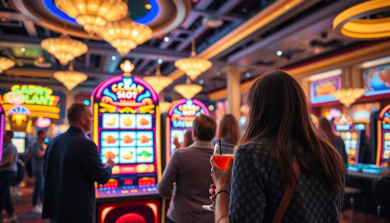 Mainkan slot online saat momen seru di kasino yang megah dan penuh warna.