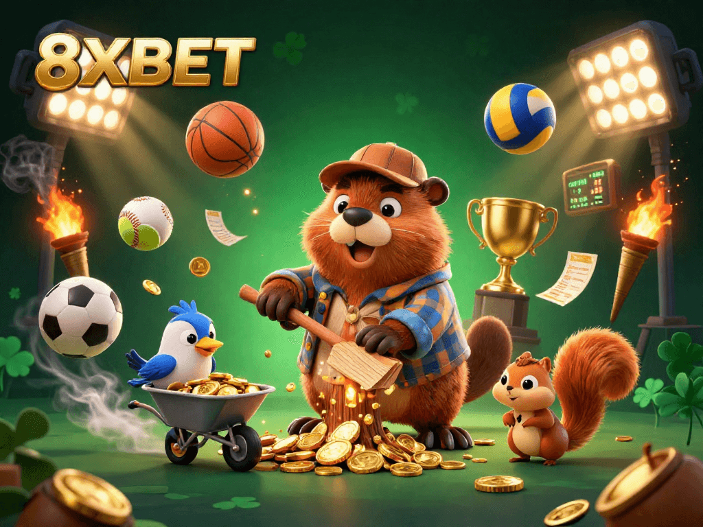 Experience thrilling gameplay with 8XBET as a beaver collects golden coins in this vibrant casino scene.