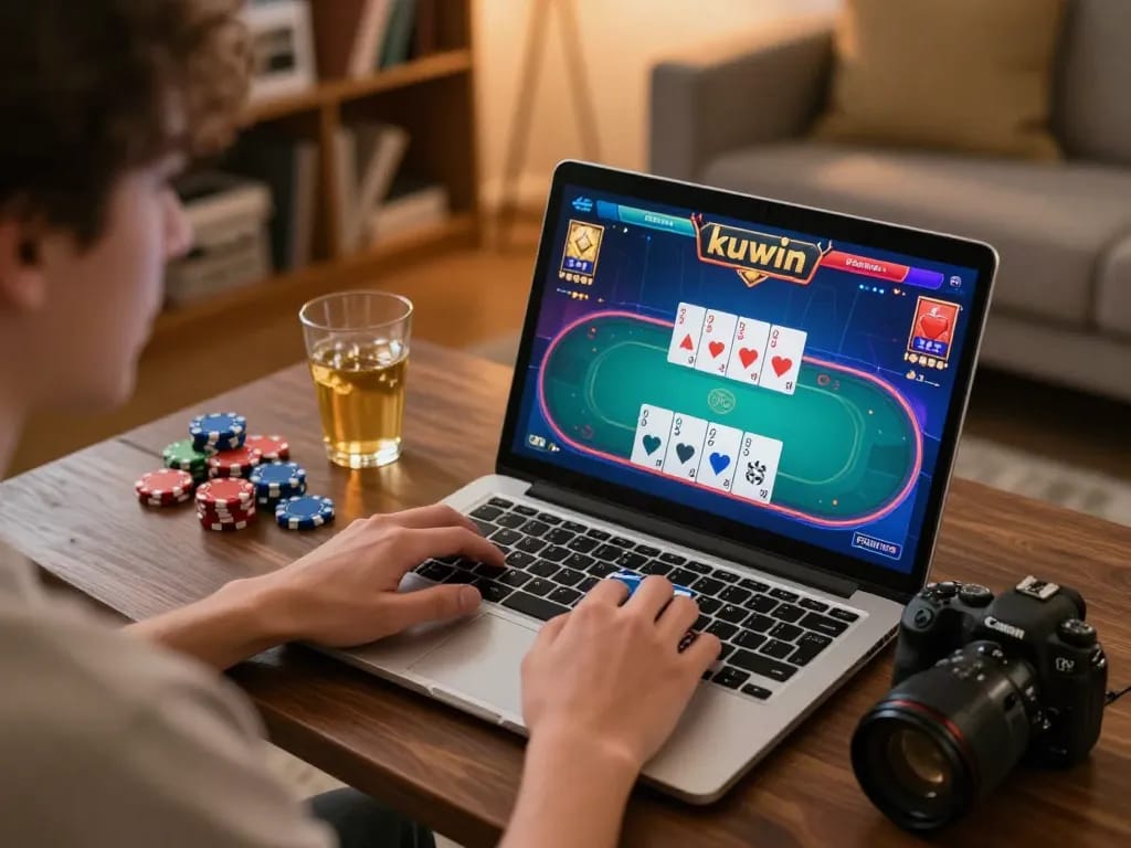 Kuwin player enjoying online poker session at home, showcasing engaging gameplay.