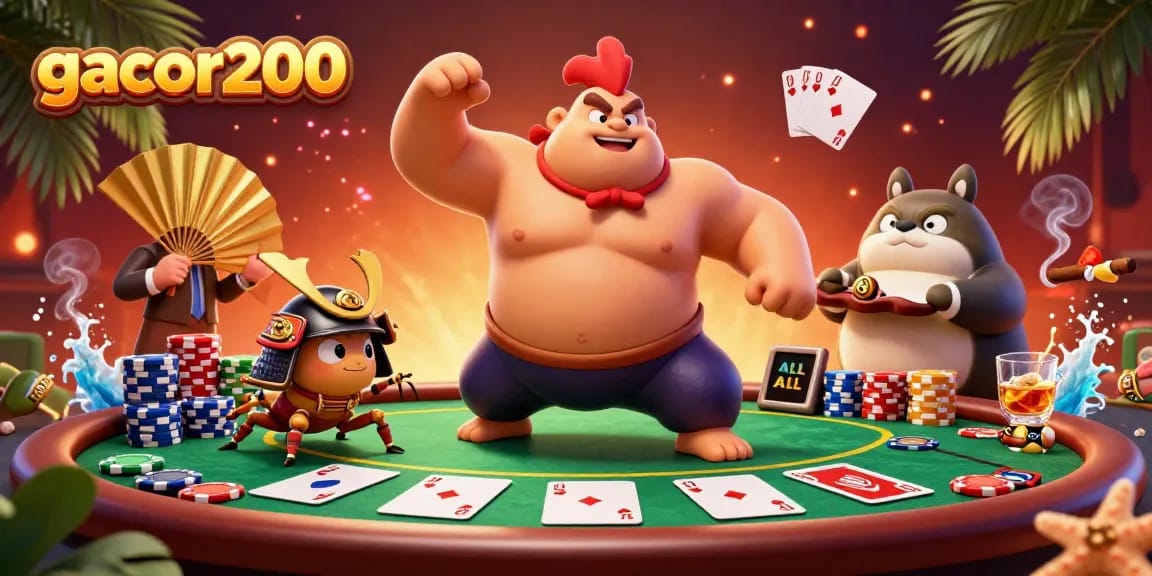 Engage with gacor200's vibrant casino scene featuring a powerful sumo rooster amidst poker excitement.