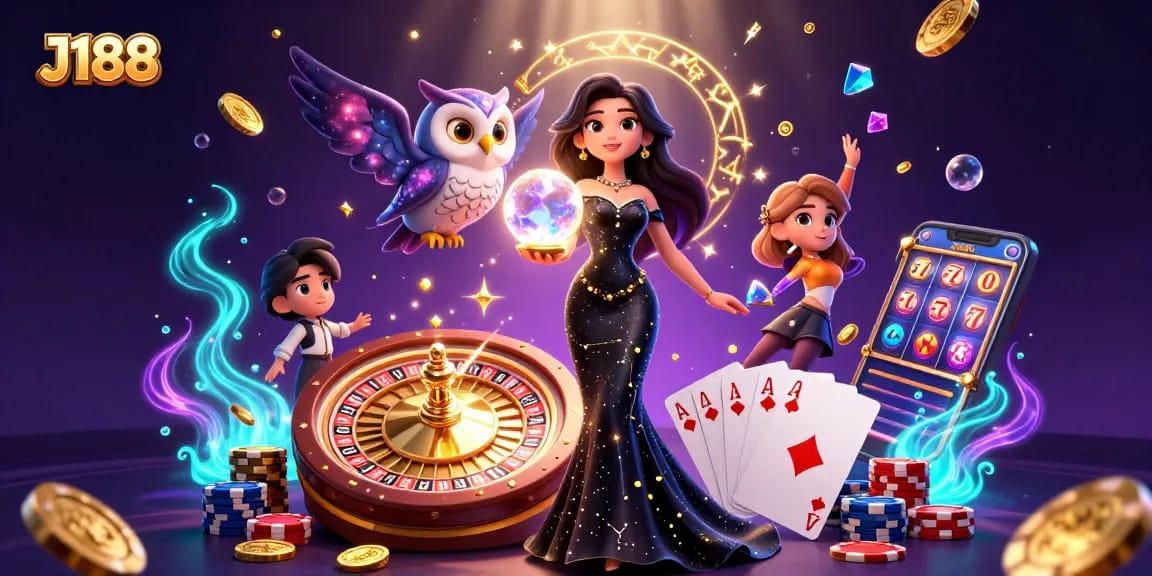 Experience thrilling gaming with J188, showcasing vibrant casino elements and a mystical atmosphere.