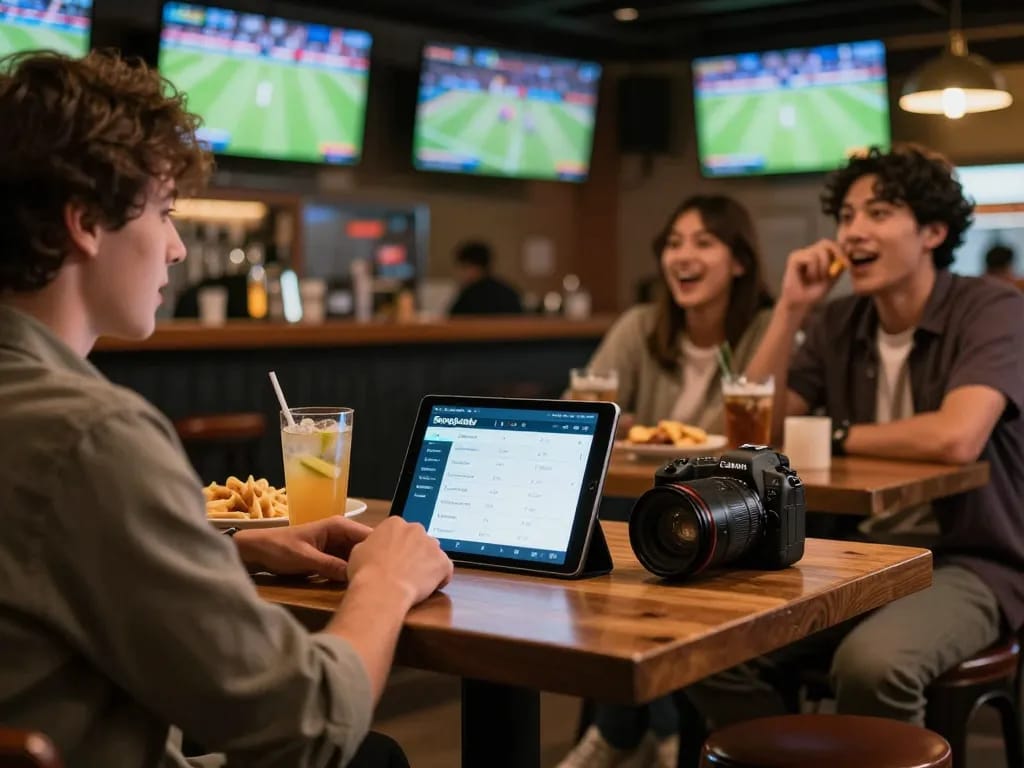 Bongdalu app displayed on tablet by a person placing a sports bet in a lively sports bar.