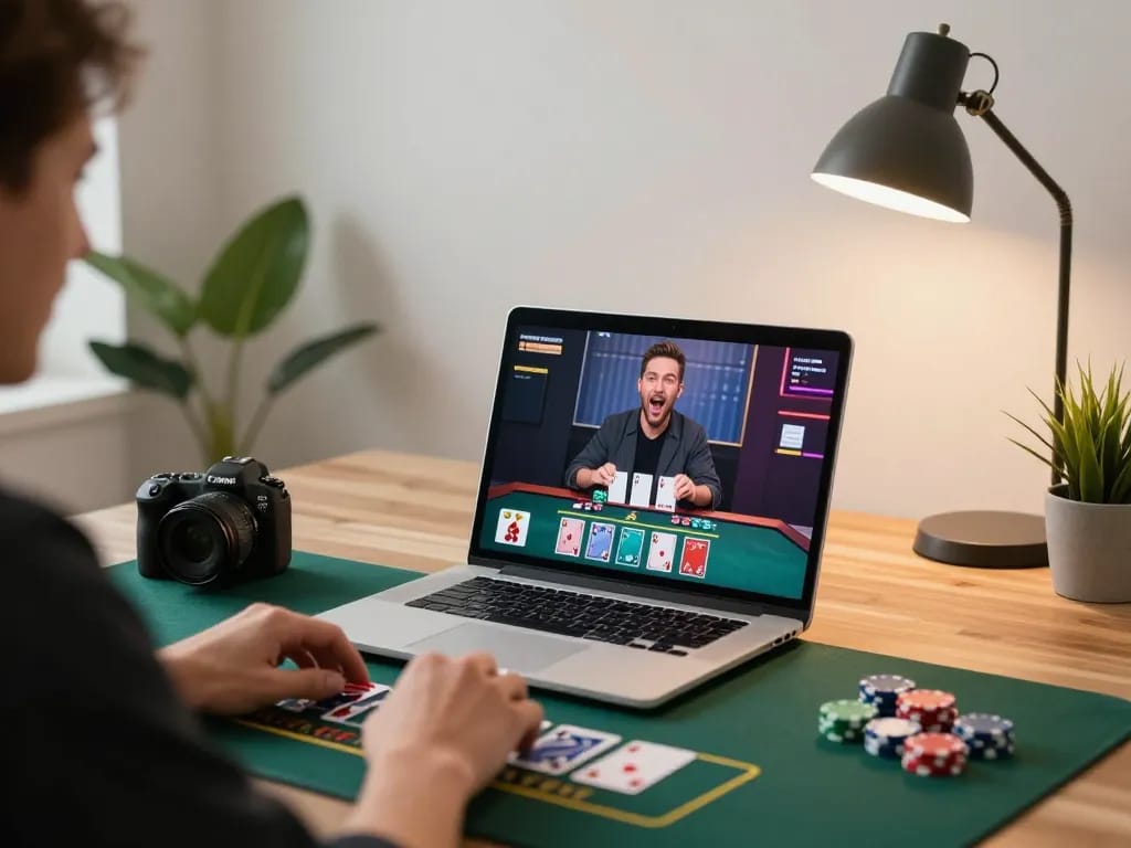 Player engaging in live dealer gameplay on a laptop at home, showcasing tr88 excitement and strategy