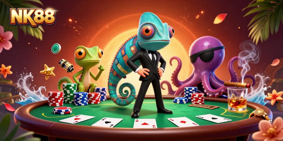Experience thrilling gaming action with NK88 as a vibrant chameleon, tech-savvy gecko, and villainous octopus engage at a poker table.