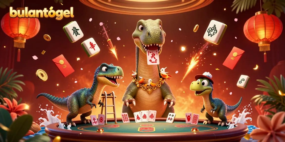 Permainan bulantogel ditampilkan dengan dinosaurus dan dealer kartu, menciptakan suasana kasino yang menarik.