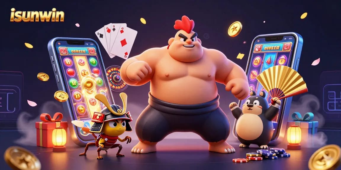 Experience thrilling gameplay with isunwin, featuring a dynamic gaming scene with a sumo wrestler rooster and vibrant slots.
